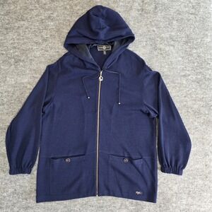 St John Sport Jacket Womens Small Blue Wool Blend Knit Hooded Full Zip Cardigan